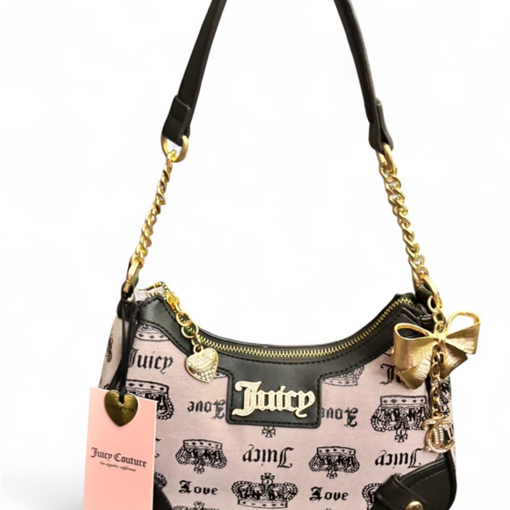 Juicy Couture Vintage Shoulder Bag – Crown Logo Print, Metallic Gold Chain Strap